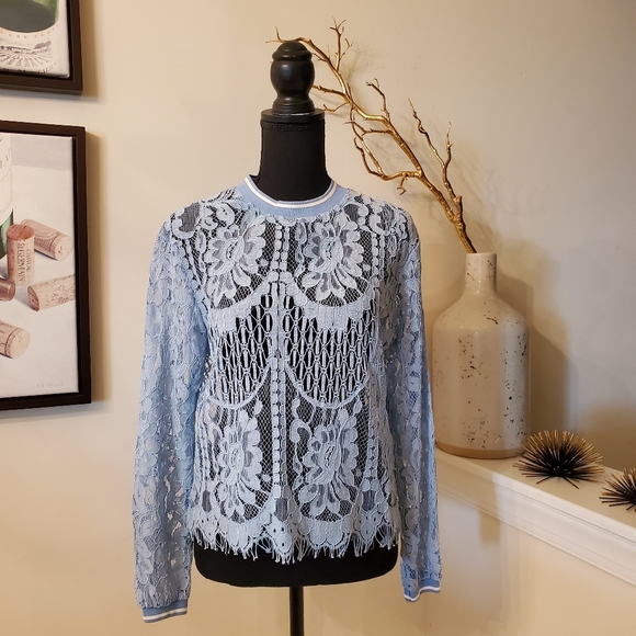 🔥FAIRCHILD BLUE LACE SHEER BLOUSE - Picture 1 of 13